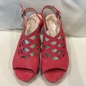 FRANCO SARTO hot pink suede open toe buckle strap platforms